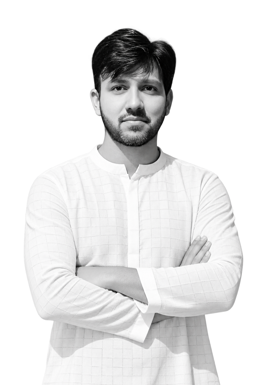 Confident monochrome kurta portrait of Rohit Jain